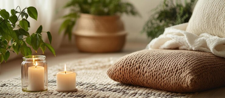 PSD two burning candles and a knitted cushion on a rug with green plants in the background