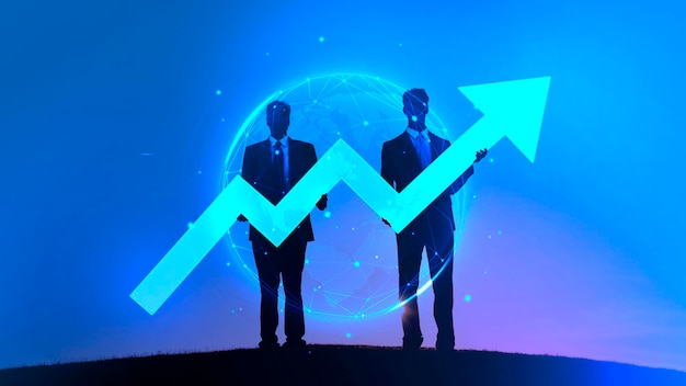 Two businessmen holding a blue arrow