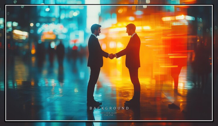 PSD two businessmen shaking hands in the city at night with a blurred background of city lights