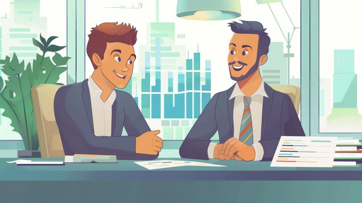 PSD two businessmen in suits having a meeting in an office