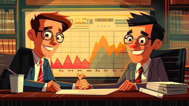 PSD two businessmen in suits smiling and looking at each other while signing a document on a desk in a modern office