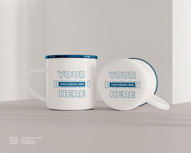 Two camp mugs mockup and bottom of mug