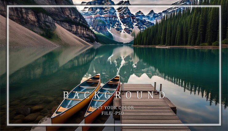 PSD two canoes moored at a wooden dock in a mountain lake