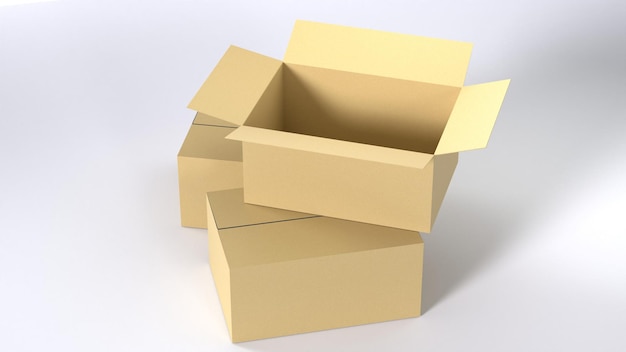 two cardboard boxes are shown with one being opened and one of them has a white background