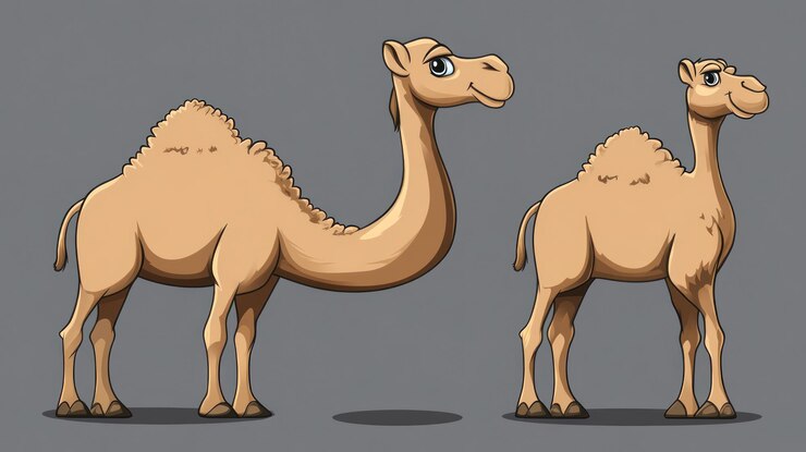 PSD two cartoon camels one facing forward one facing backward on a gray background