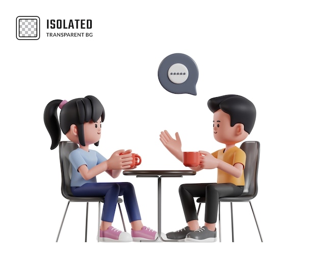 コーヒー を 飲みながら 気楽 に 座っ て 面白い 会話 を し て いる 二 人 の アニメ 人物