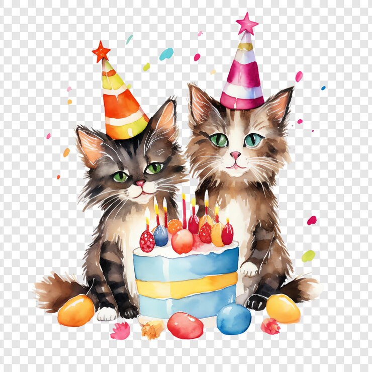 PSD two cats with a birthday cake and a cake with a birthday hat on it