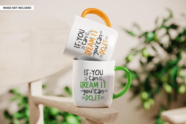 Two ceramic mugs on the chair arm mockup