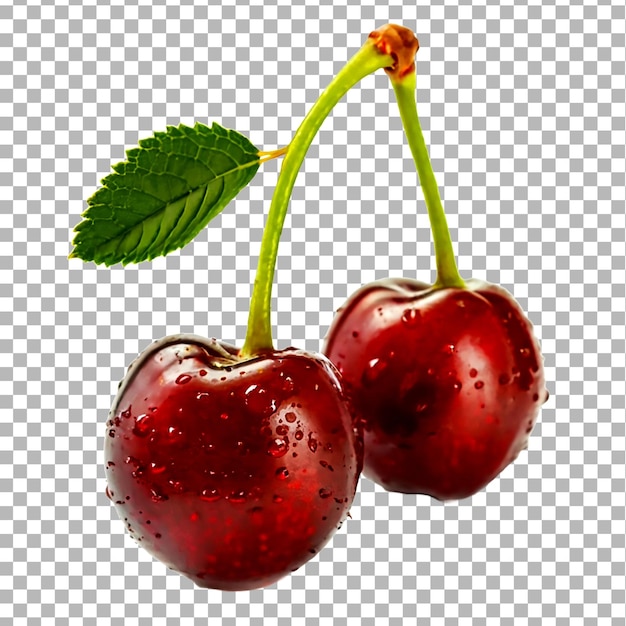 Two cherries with leaf isolated on a transparent background