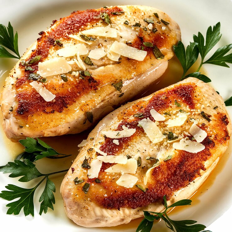 PSD two chicken breasts with herbs on them one of which has a green leaf on it