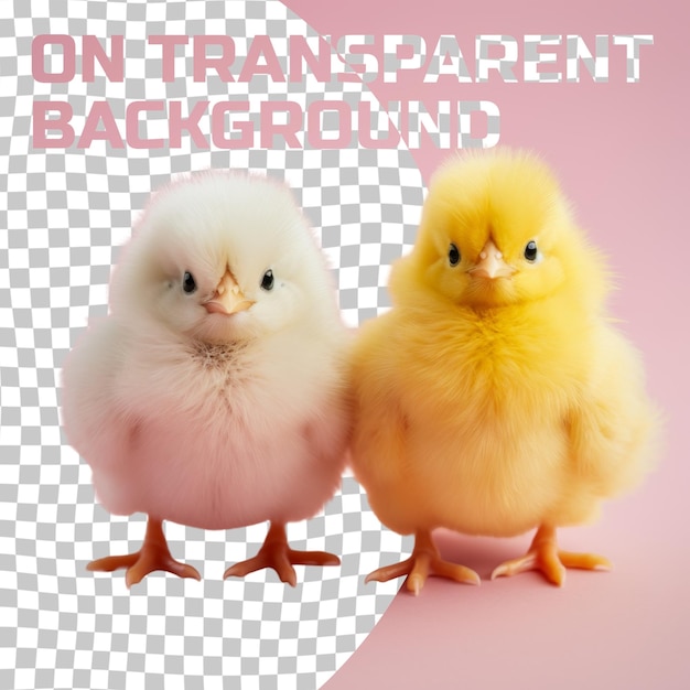 Two chickens on a pink background with the words  on the bottom