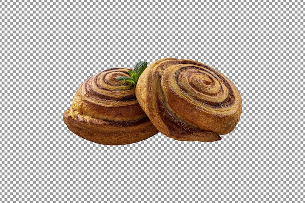 Two cinnamon buns with a green leaf on the top on isolated and transparent background