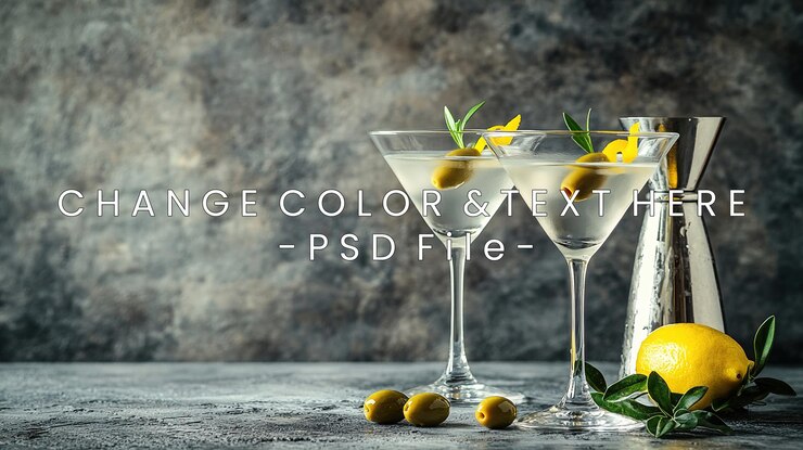 PSD two classic martini cocktails with olives and lemon zest