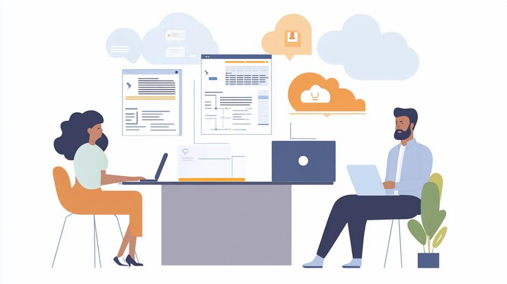PSD two colleagues collaborate on laptops sharing data via cloud computing
