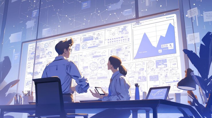 PSD two colleagues working together in an office looking at a large screen with data and charts