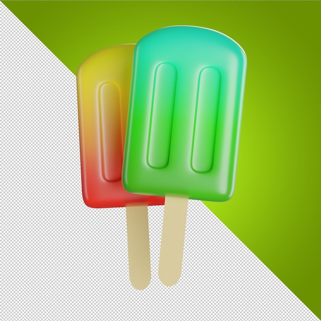 Two colored ice creams on stick Assorted ice cream with fruits on wooden stick Green orange Frozen juice Summer cold dessert Popsicles Ice cream icon 3d illustration 3d render