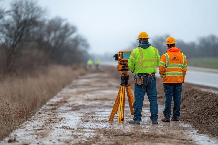 PSD two construction workers in hard hats and safety vests use a surveying instrument to measure the terrain on a muddy construction site