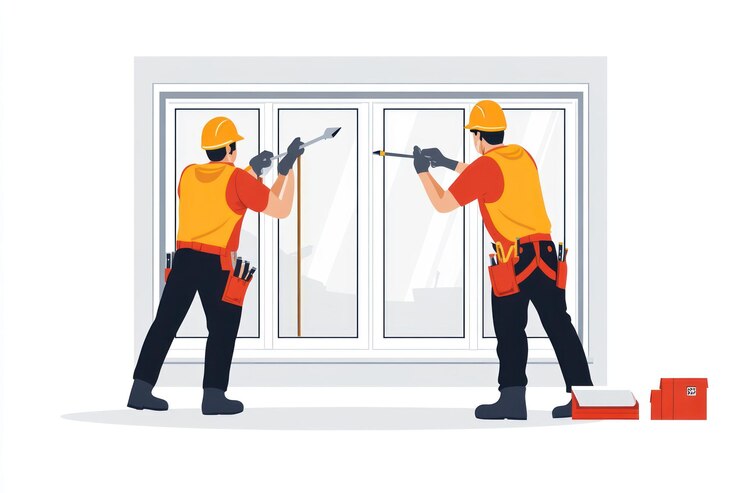PSD two construction workers installing a window