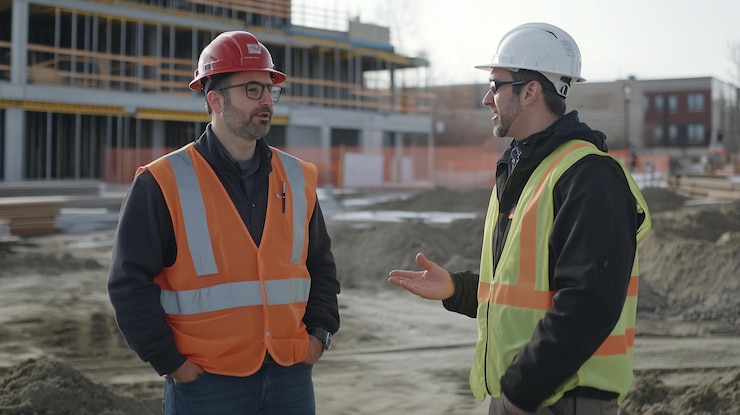 PSD two construction workers in safety gear converse outdoors on a construction site