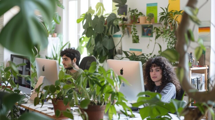PSD two coworkers work at computers in a plantfilled office