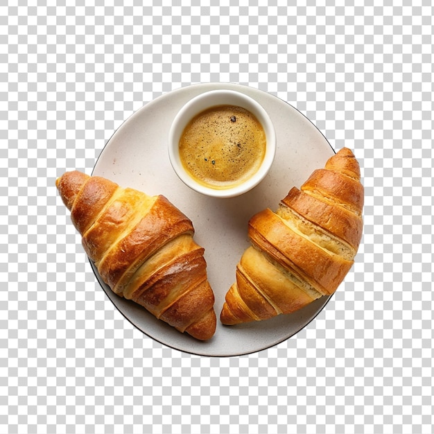 Two croissants and cup of coffee isolated on transparent background