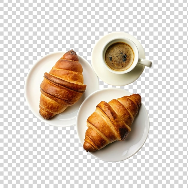 PSD due croissant e una tazza di caffè isolati su uno sfondo trasparente