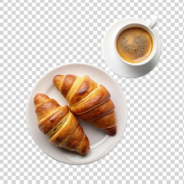 Two croissants and cup of coffee isolated on transparent background