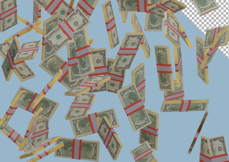 PSD two dollar stack of money, 3d render, illustration, dollar bills isolated on background