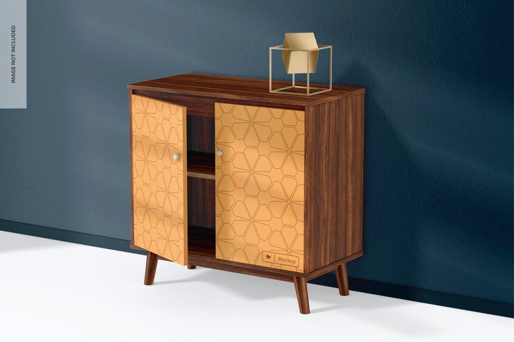 PSD two door cabinet mockup with decorative cube