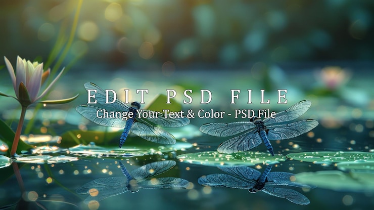 PSD two dragonflies perched on lily pads