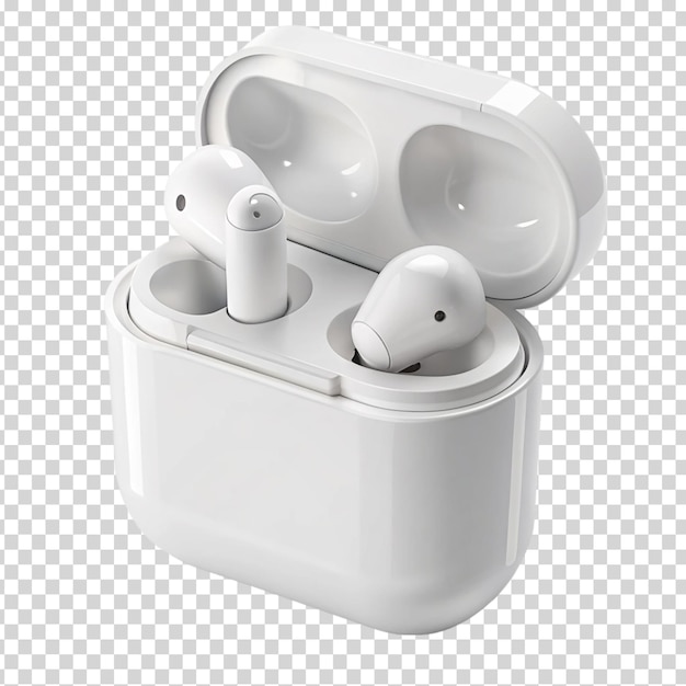 PSD two earbuds in a white container on transparent background