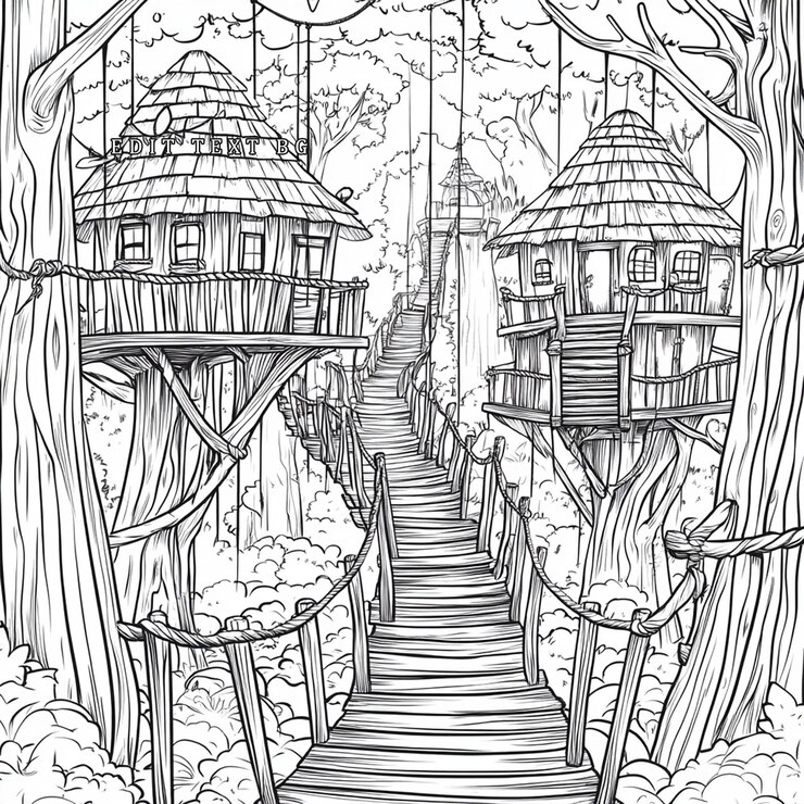 PSD two enchanting tree houses connected by a wooden staircase nestled amidst lush forest foliage