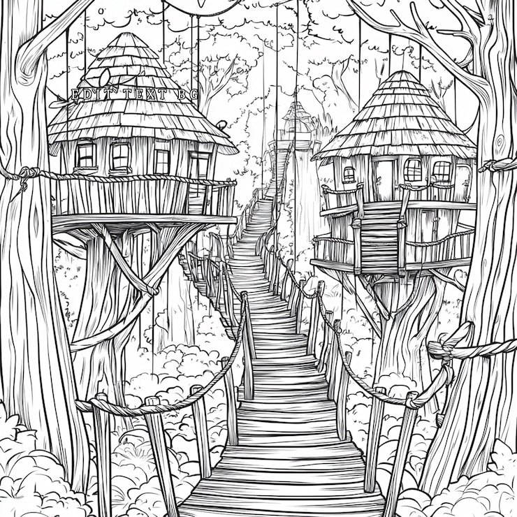 PSD two enchanting tree houses connected by a wooden staircase nestled amidst lush forest foliage