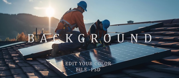 PSD two engineers repairing solar panels on the roof of a house