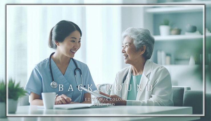 PSD 두 명의 여성 의사 들 이 대화 하고 있다