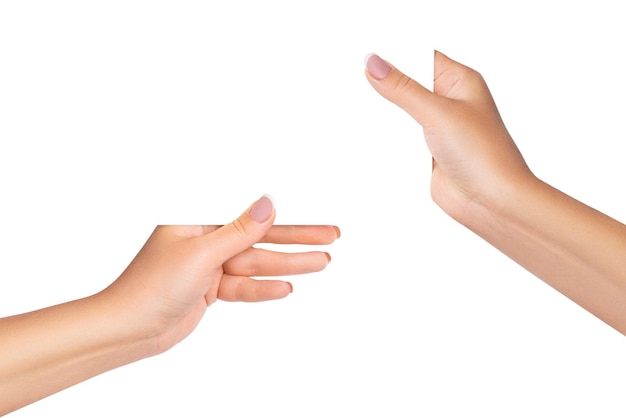 Two female hands hold a white sheet on isolated transparent background