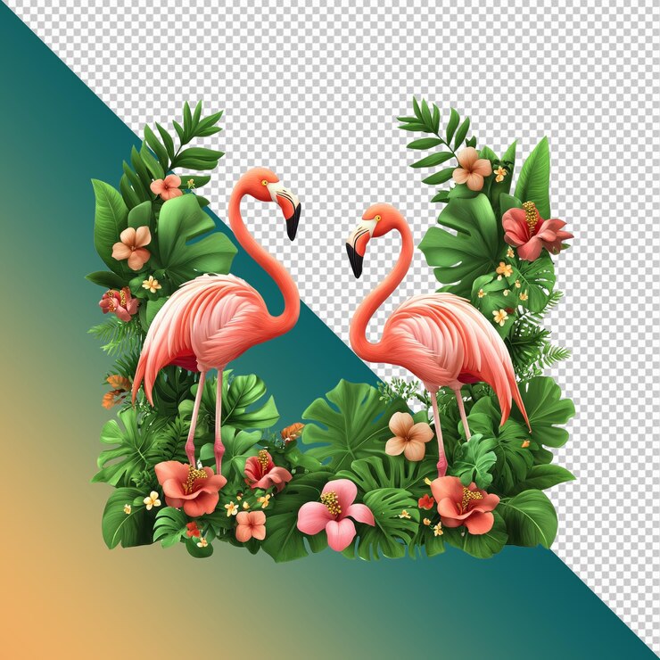 PSD two flamingos in tropical paradise a vibrant floral arrangement
