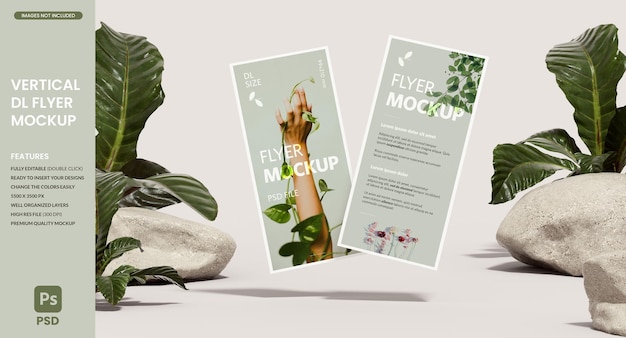 Two floating dl flyer mockup for design presentation with plants on the background in 3d rendering