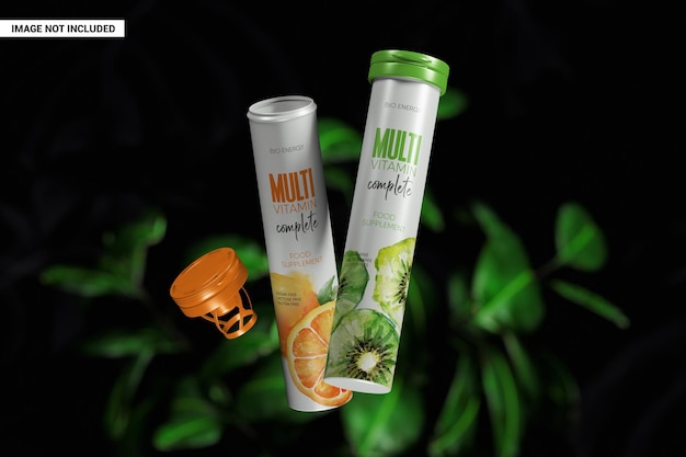 Two flying vitamin tubes with a green plant in the background mockup