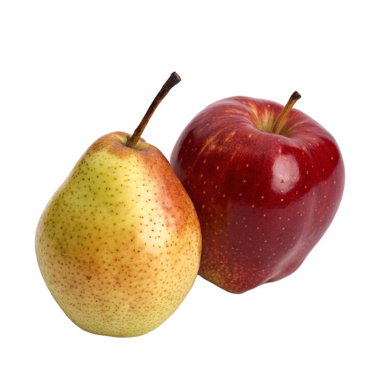 PSD two fresh fruits a pear and an apple side by side transparent background