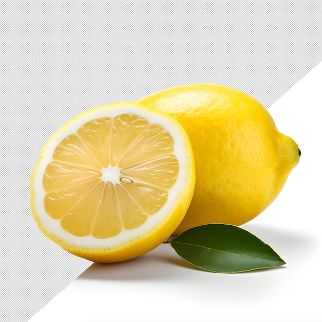 two fresh lemon and sliced lemon with green leave on white background