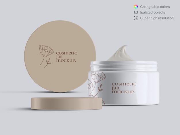 Two front view plastic cosmetic face cream jars mockup template