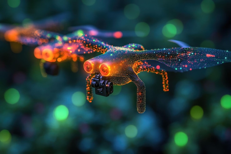 PSD two futuristic drones with glowing lights fly through a dense forest