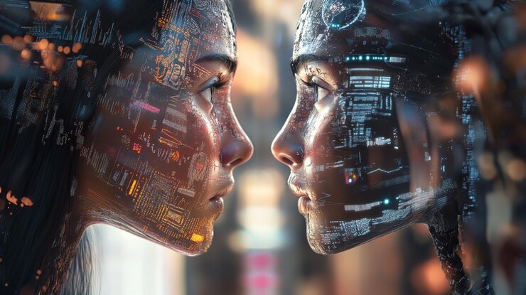PSD two futuristic women face each other their faces overlaid with digital data