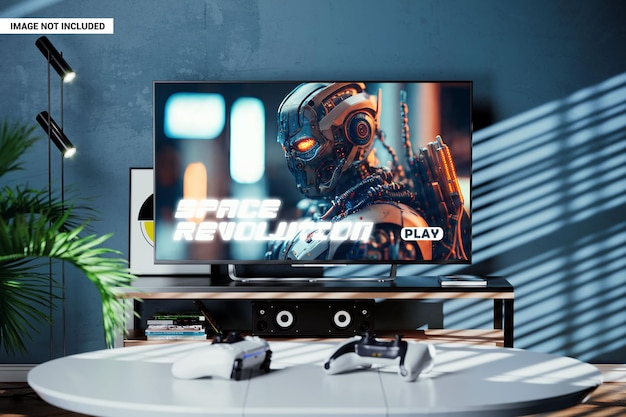 PSD tv 화면 모 앞에 두 개의 게임 패드