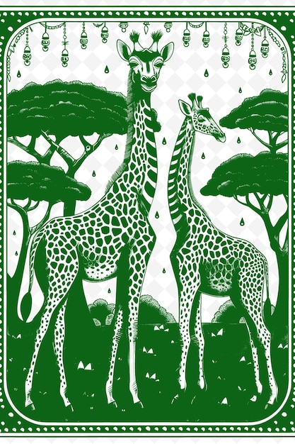PSD two giraffes are standing in front of trees and one is green and has a green background with a pictu