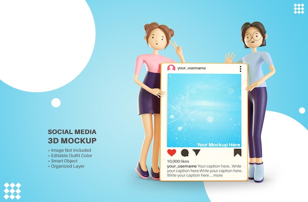 Two girl character holding instagram apps social media post 3d cartoon rendering mockup