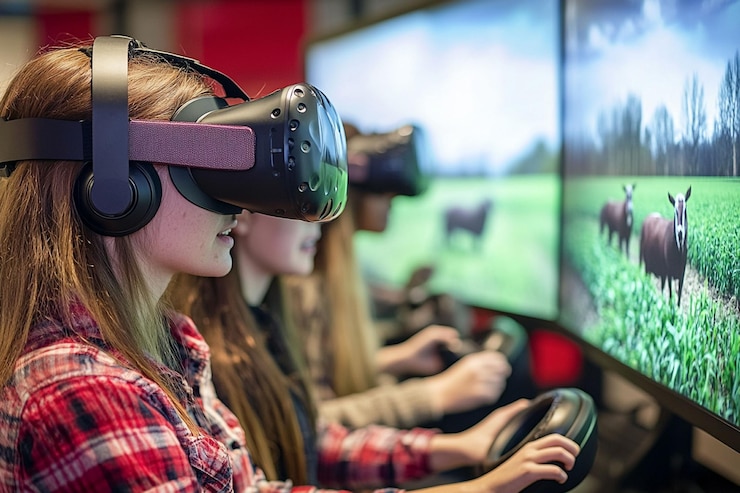 PSD two girls experience immersive vr simulation with nature scenes on large screen