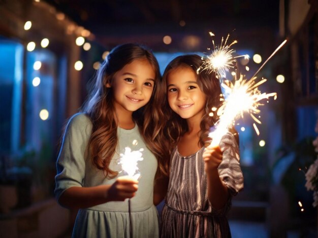 PSD two girls holding sparklers with the words  two  on them