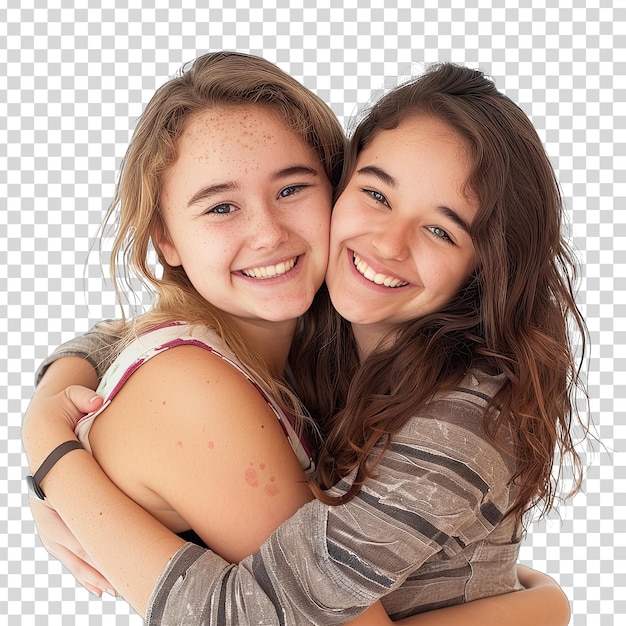 Two girls hugging and one has a white background with a checkered pattern